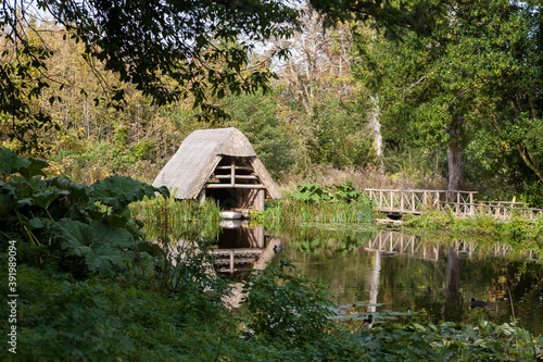 Medieval "Stew Pond", or fish pond, now reconstituted as a Water Garden, with rustic thatched boathouse, Arundel Castle grounds, Arundel, West Sussex, England, UK