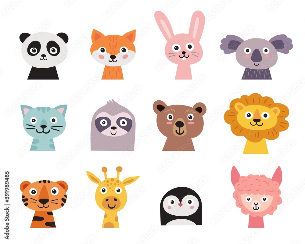 Cute animal faces set. Hand drawn characters - fox, bear, giraffe, sloth, alpaca, cat, panda, tiger, lion, koala, hare, penguin Cute animal faces set. Hand drawn characters - fox, bear, giraffe, sloth, alpaca, cat, panda, tiger, lion, koala, hare, penguin