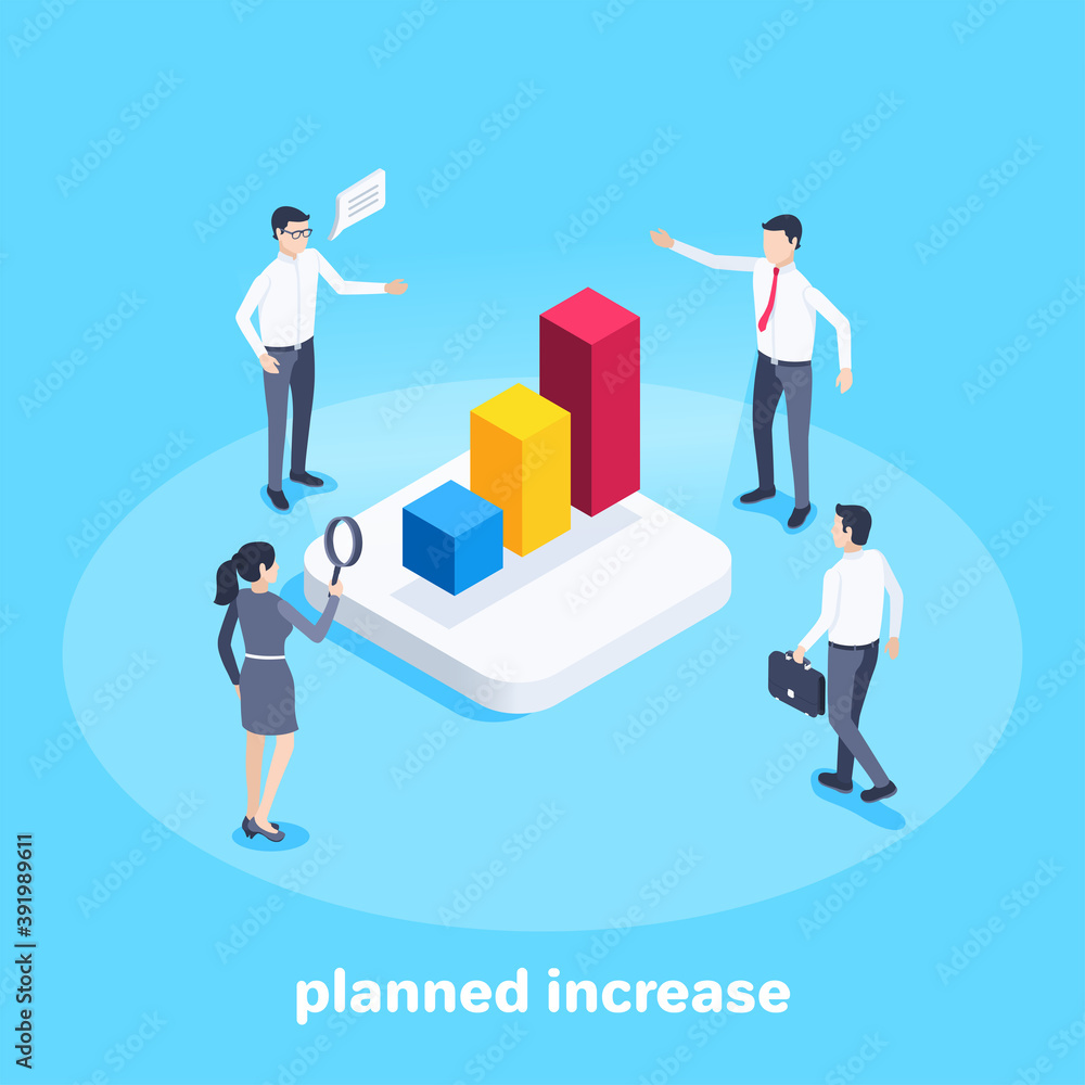 isometric vector image on a blue background, men and a woman in business clothes are standing near the chart, planned increase and processing of statistical data isometric vector image on a blue background, men and a woman in business clothes are standing near the chart, planned increase and processing of statistical data