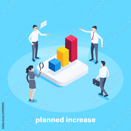 isometric vector image on a blue background, men and a woman in business clothes are standing near the chart, planned increase and processing of statistical data