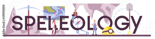 Speleology typographic header. Scientst exploring deep cave