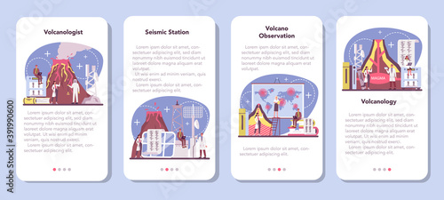 Volcanologist mobile application banner set. Geologist studying