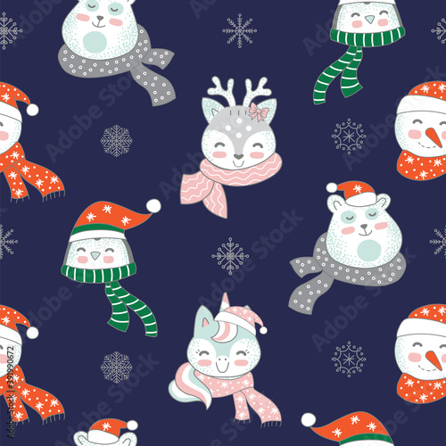 Seamless pattern vector Merry Christmas characters on blue