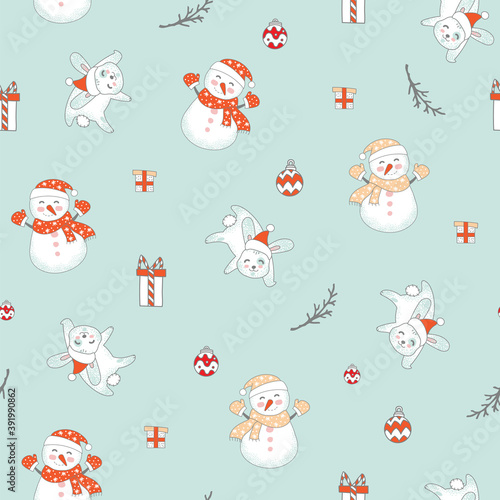 Seamless pattern vector Merry Christmas rabbits and snowman