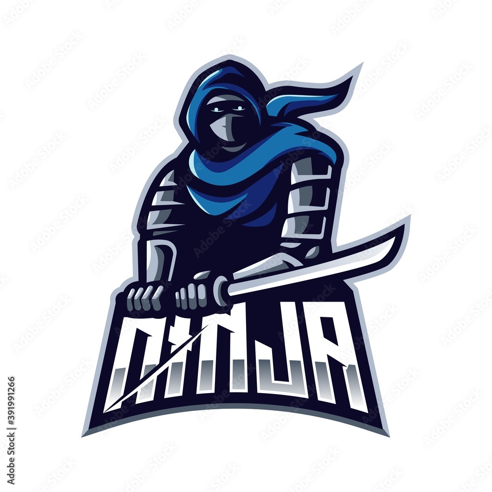 Ninja mascot logo design vector with modern illustration concept style for badge, emblem and t-shirt printing. Ninja with sword for esport Ninja mascot logo design vector with modern illustration concept style for badge, emblem and t-shirt printing. Ninja with sword for esport