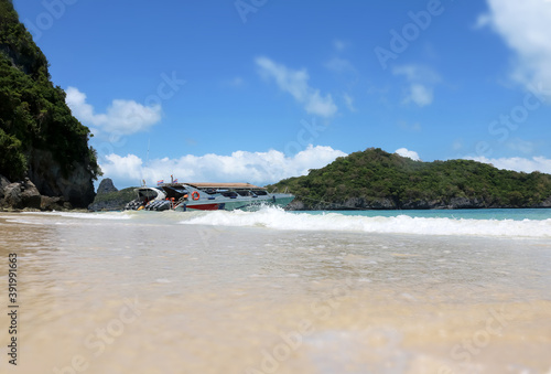  tourist speedboat moored on the beach on the Ang Thong Islands