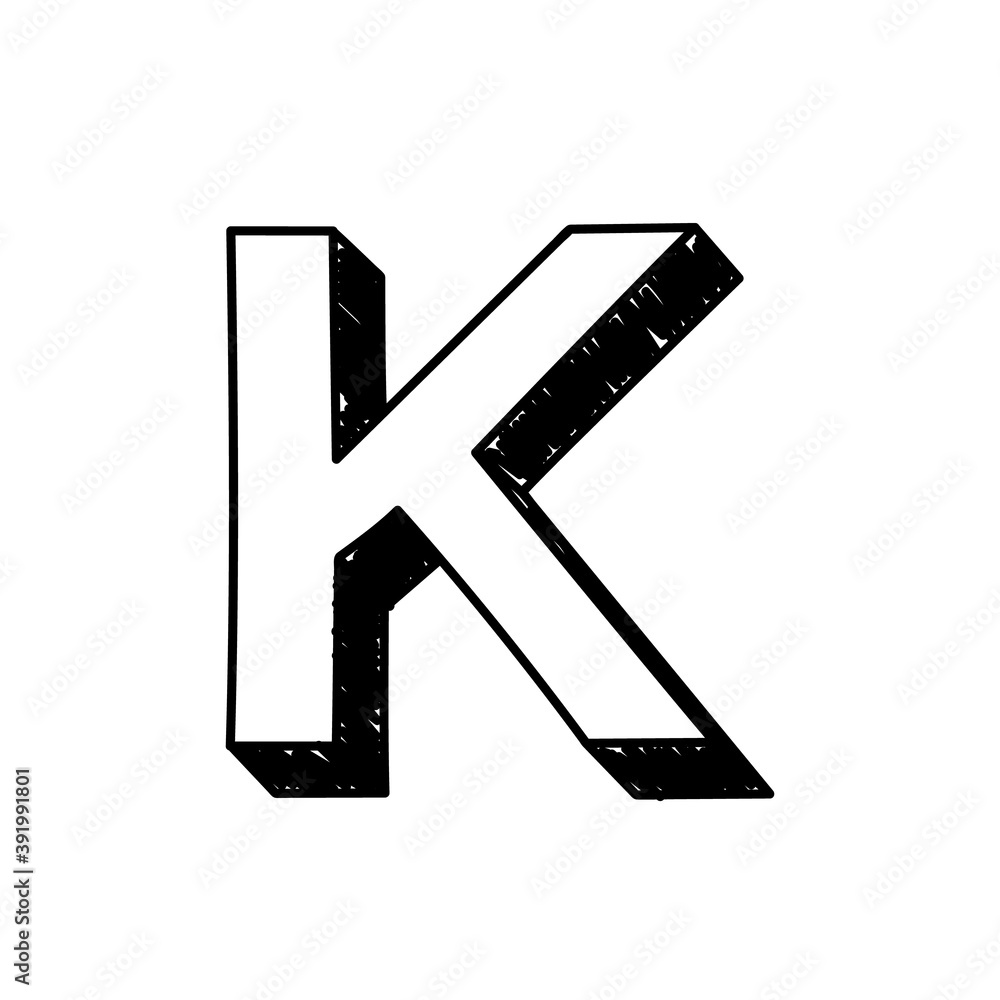 K letter hand-drawn symbol. Vector illustration of a big English letter K. Hand-drawn black and white Roman alphabet letter K typographic symbol. Can be used as a logo, icon