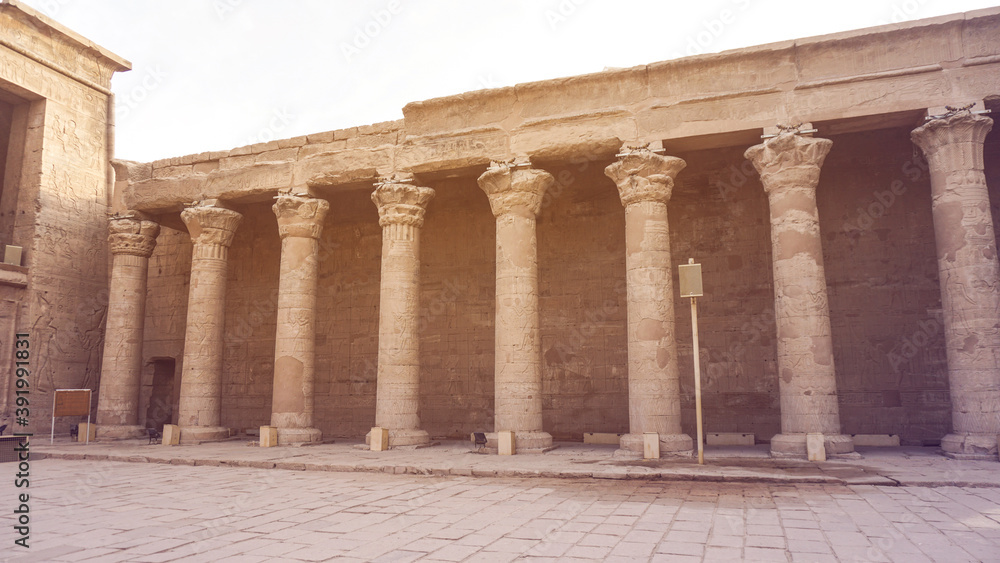 Temple of Horus Edfu columns detail and structure around corridor and entrance with hieroglyphic details beatiful art