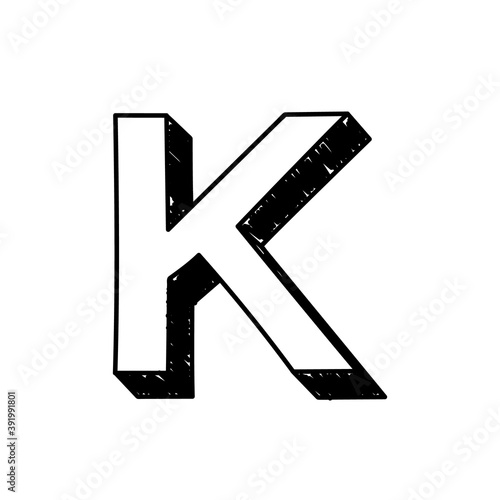 K letter hand-drawn symbol. Vector illustration of a big English letter K. Hand-drawn black and white Roman alphabet letter K typographic symbol. Can be used as a logo, icon