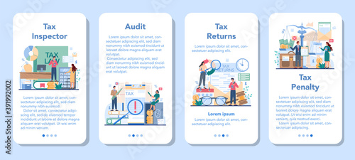 Tax inspector mobile application banner set. Idea of accounting