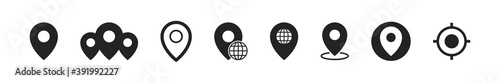 Location map pin pointer vector icon set, pointers in black flat style cartography gps collection.