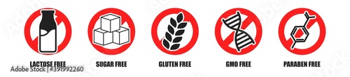 Lactose, sugar, gluten, gmo, paraben free sticker sign set, organic nutrition food tag collection.