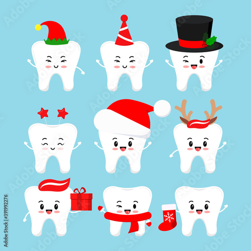Chistmas smilling teeth dental icon set isolated. Dentist xmas cute white tooth character in santa hat, deer horns, elf, with christmas gift, red sock. Flat design cartoon vector illustration.