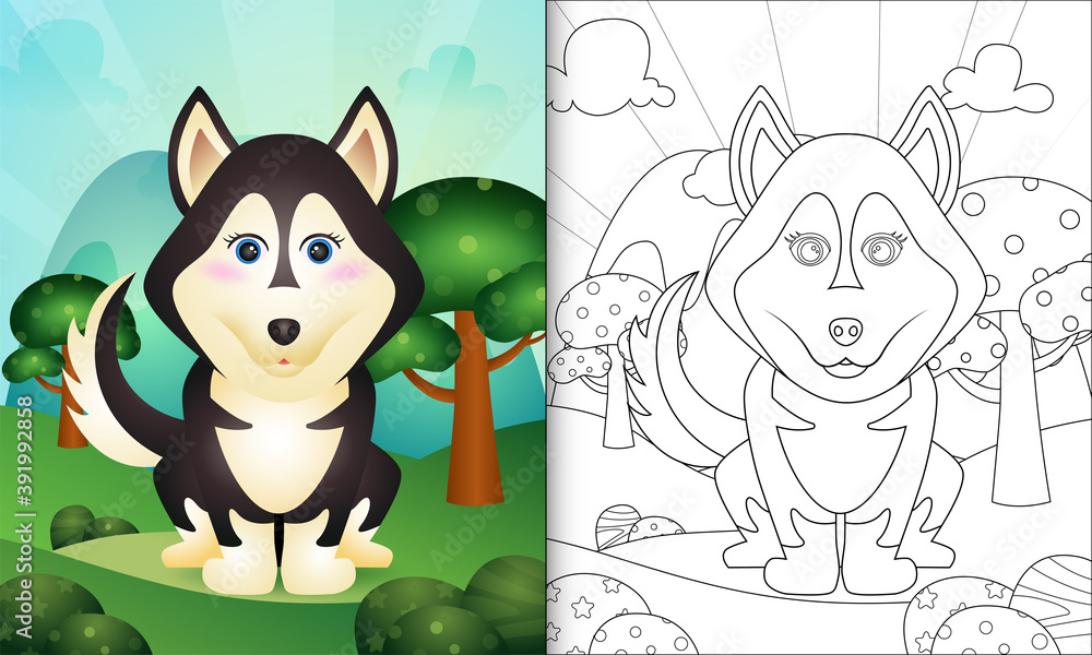Fototapeta premium coloring book for kids with a cute husky dog character illustration
