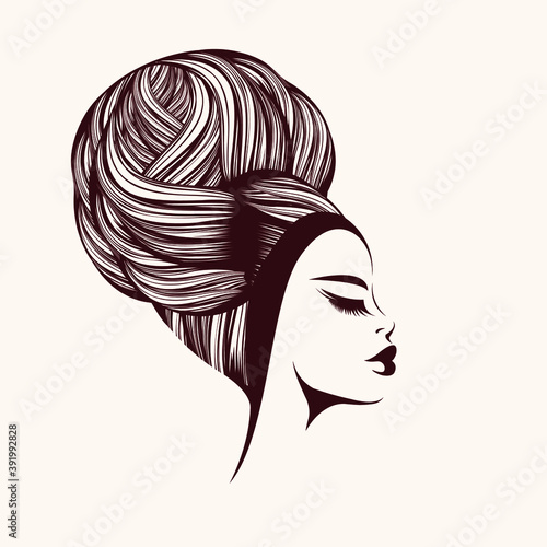 Hair salon and beauty studio illustration.Beautiful African woman with Afro hairstyle bun and elegant makeup.Stylish young lady.Hairdresser logo.Luxury,glamour,fashion model portrait.Female head.