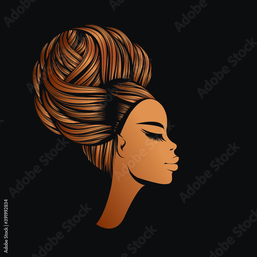 Hair salon and beauty studio illustration.Beautiful African woman with Afro hairstyle bun and elegant makeup.Stylish young lady.Hairdresser logo.Luxury,glamour,fashion model portrait.Female head.