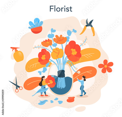 Florist concept. Creative occupation in floral boutique. Event