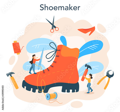 Shoemaker concept. Male and female character mending shoe.