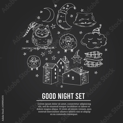 Doodle set of images about good night illustration. Vector illustration
