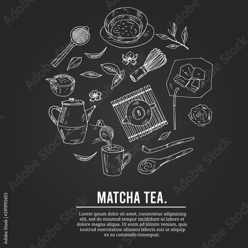 Matcha tea Japanese traditions menu doodle icons Vector illustration on chalkboard. Vector illustration