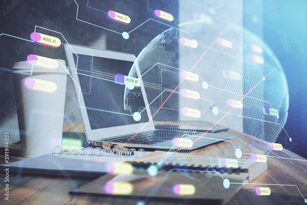 Double exposure of desktop with computer and world map hologram. International data network concept. Double exposure of desktop with computer and world map hologram. International data network concept.