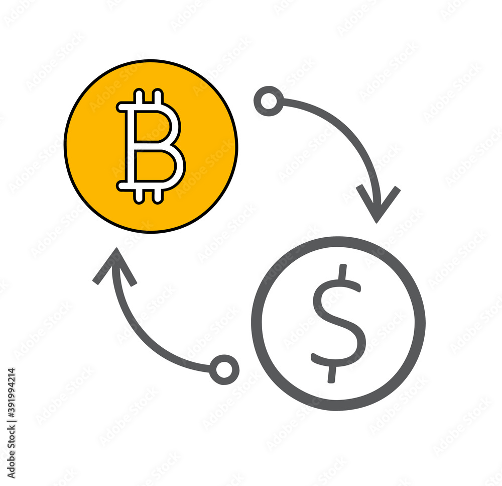 Flat icon of currency exchange dollar to bitcoin isolated on white background Flat icon of currency exchange dollar to bitcoin isolated on white background