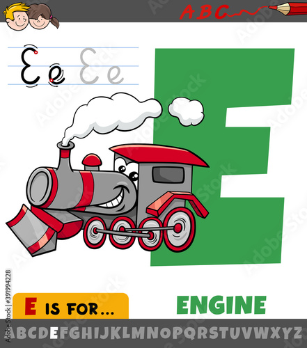 letter E worksheet with cartoon engine
