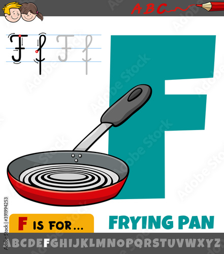 letter F worksheet with cartoon frying pan