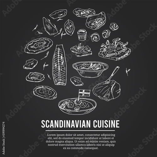 Scandinavian cuisine Menu doodle icons on chalkboard. Vector illustration