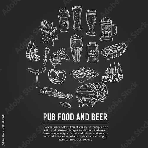 Pub food and beer Menu doodle icons on chalkboard. Vector illustration