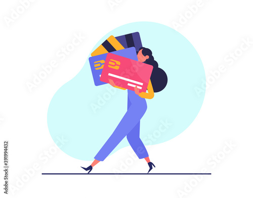 Vector of a woman carrying multiple credit cards on white background