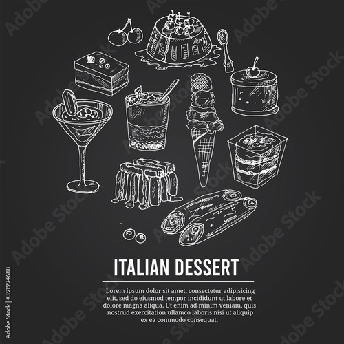 Italian dessert set with food and drink hand drawn doodles. Vector illustration
