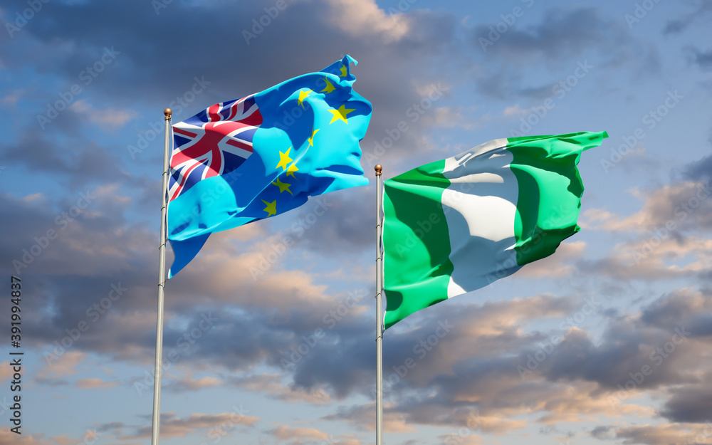 Beautiful national state flags of Tuvalu and Nigeria. Beautiful national state flags of Tuvalu and Nigeria.