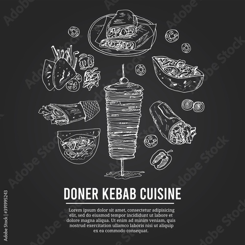 Donner kebeb cuisine Menu doodle icons on chalkboard. Vector illustration