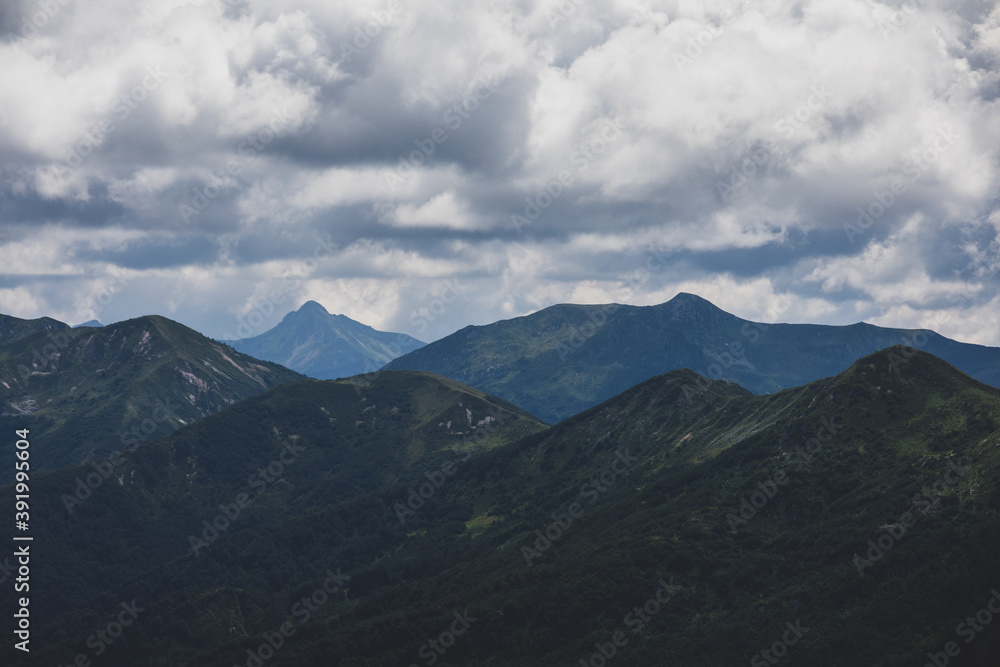 Beautiful summer views of blooming alpine meadows of Caucasus mountains