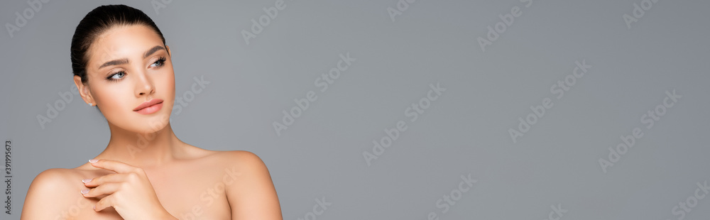 beautiful woman posing isolated on grey, banner beautiful woman posing isolated on grey, banner