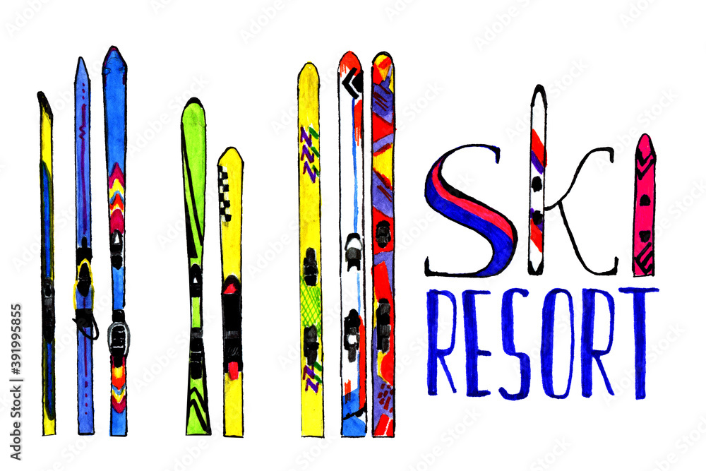 Ski resort lettering and skis