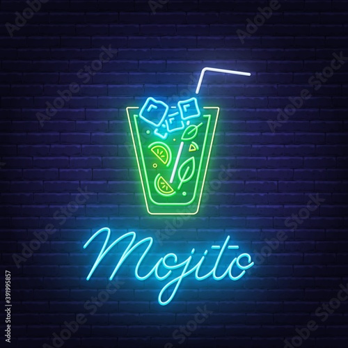 Cocktail Mojito neon sign on brick wall background .