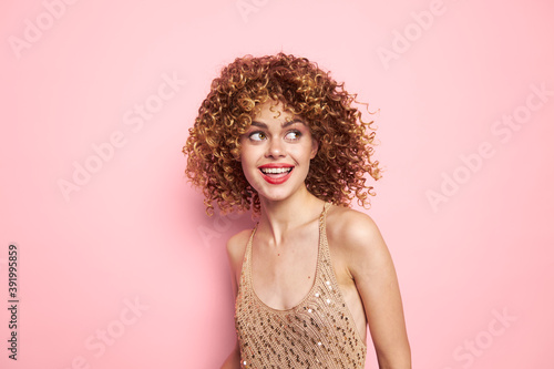 Lady Intriguing smile and sequin dress, Copy Space fashion clothes 