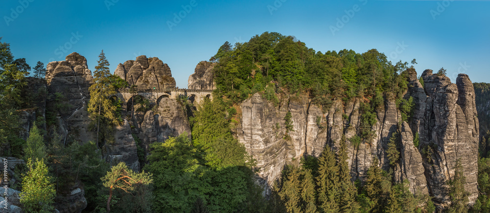 Panorama of the Bastei at Elbe Sandstone Mountains