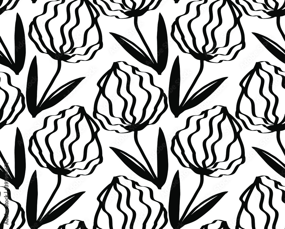 Fototapeta premium Abstract Hand Drawing Art Deco Flowers and Leaves Repeating Vector Pattern Isolated Background