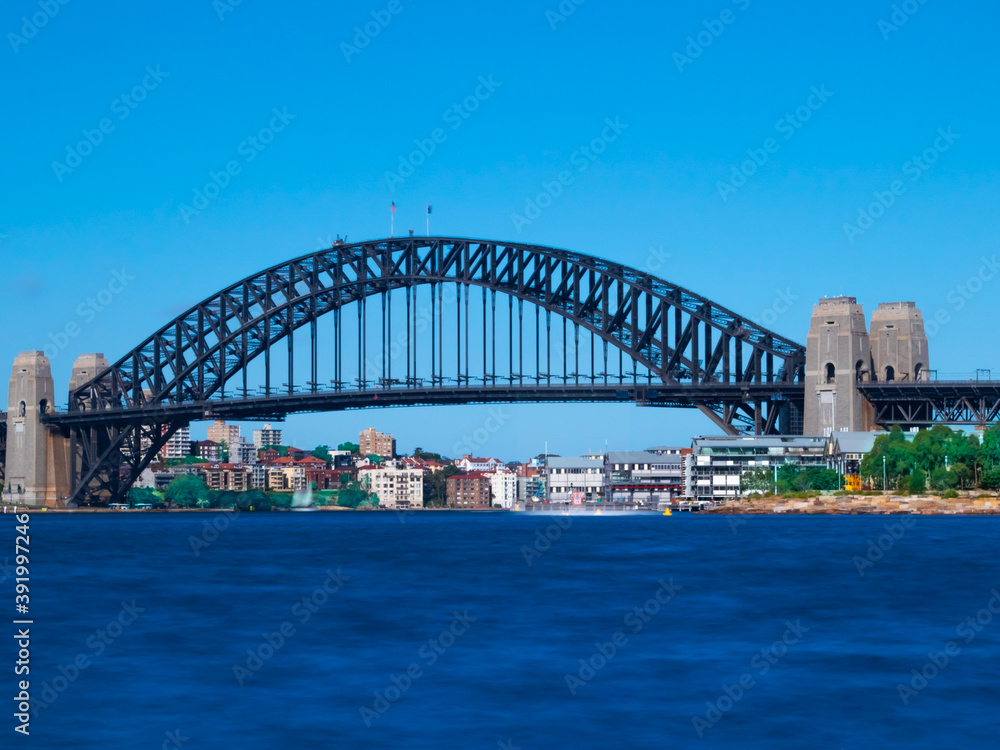 Naklejka premium Panoramic Aerial views of Sydney Harbour with the bridge, CBD, North Sydney, Barangaroo, Lavender Bay and boats in view