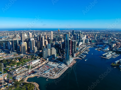 Fototapeta Naklejka Na Ścianę i Meble -  Panoramic Aerial views of Sydney Harbour with the bridge, CBD, North Sydney, Barangaroo, Lavender Bay and boats in view