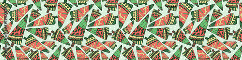 Green and red Doodle Christmas Tree Seamless Pattern in Hygge style. Bright Winter Holiday vector illustration for new year design, x-mas banner, hygge poster, sticker. EPS10