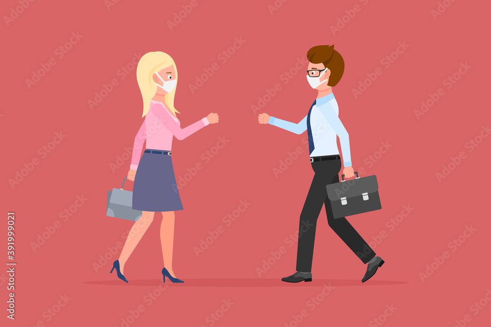 Corona virus prevention cartoon character male and female bumping fists, saying hello vector illustration. Safe handshake, keep distance, wear mask to avoid infection set