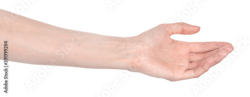 Female caucasian hands isolated white background showing different gestures. woman hands showing gesture holds something or takes, gives, points
