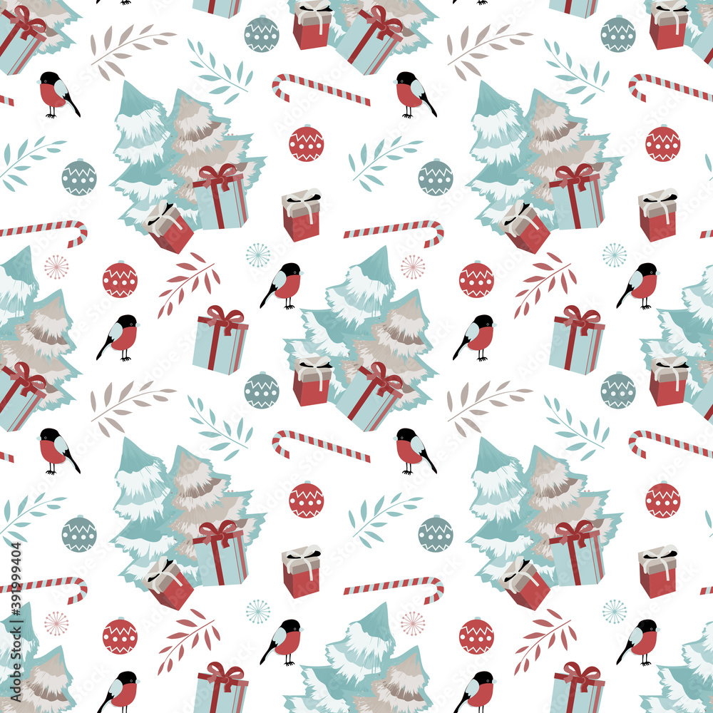Merry Christmas, Happy New Year vector seamless pattern. Christmas trees, gift boxes with bows, snowflakes, candy, Christmas balls, staffs, bullfinches. Winter holiday elements isolated on white.