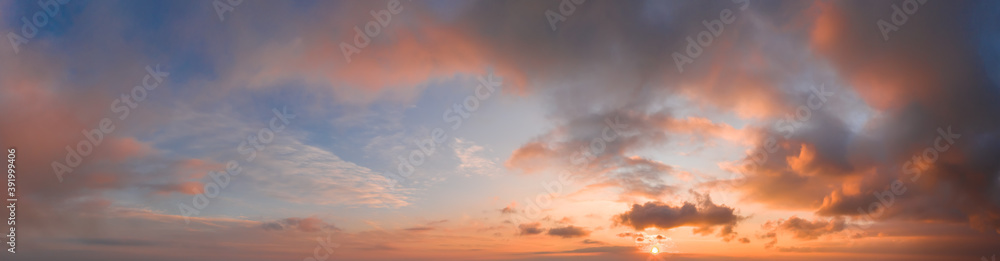 panorama of dramatic sky during sunset. Sky background during sunset or sunrise