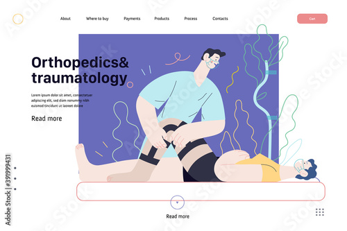 Medical insurance - orthopedic and traumathology -modern flat vector concept digital illustration - an orthopaedist attaching the orthosis to a lying female patient, medical office or laboratory