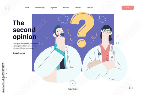 Medical insurance template -second opinion on a matter -modern flat vector concept digital illustration of two doctors and a question mark, second medical opinion metaphor, medical insurance plan